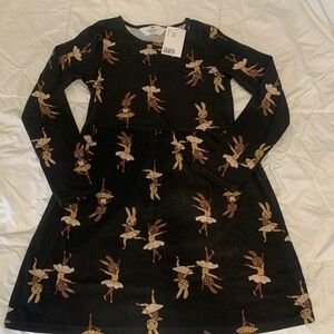 NWT 100% Cotton Girls H&M Black Dress with Ballerina  Bunnies Print 8-10 Years